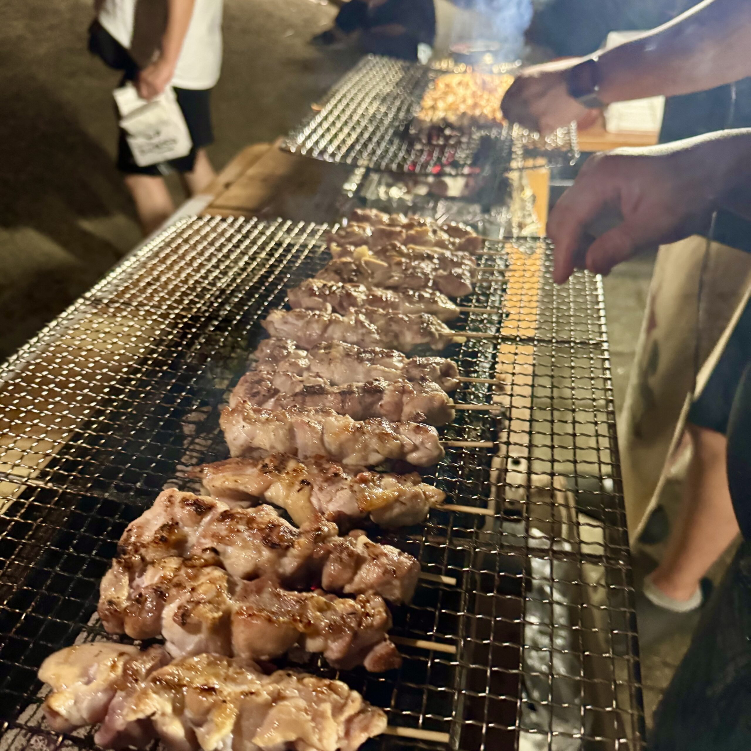網の上の焼き鳥。煙が上がる